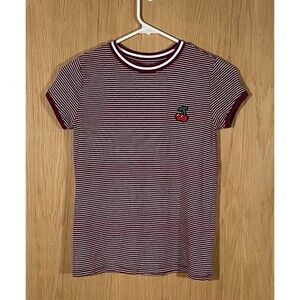 Vintage Y2K Red White Striped Baby Tee Cherry Patch Crew Neck SO Juniors Sz S